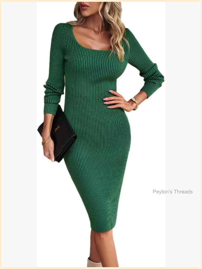 Square Neck Long Sleeve Ribbed Knit Midi Dress